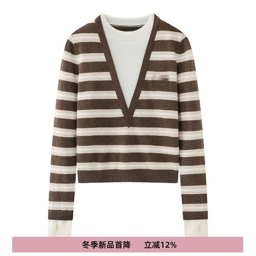 复古条纹圆领套头拼色