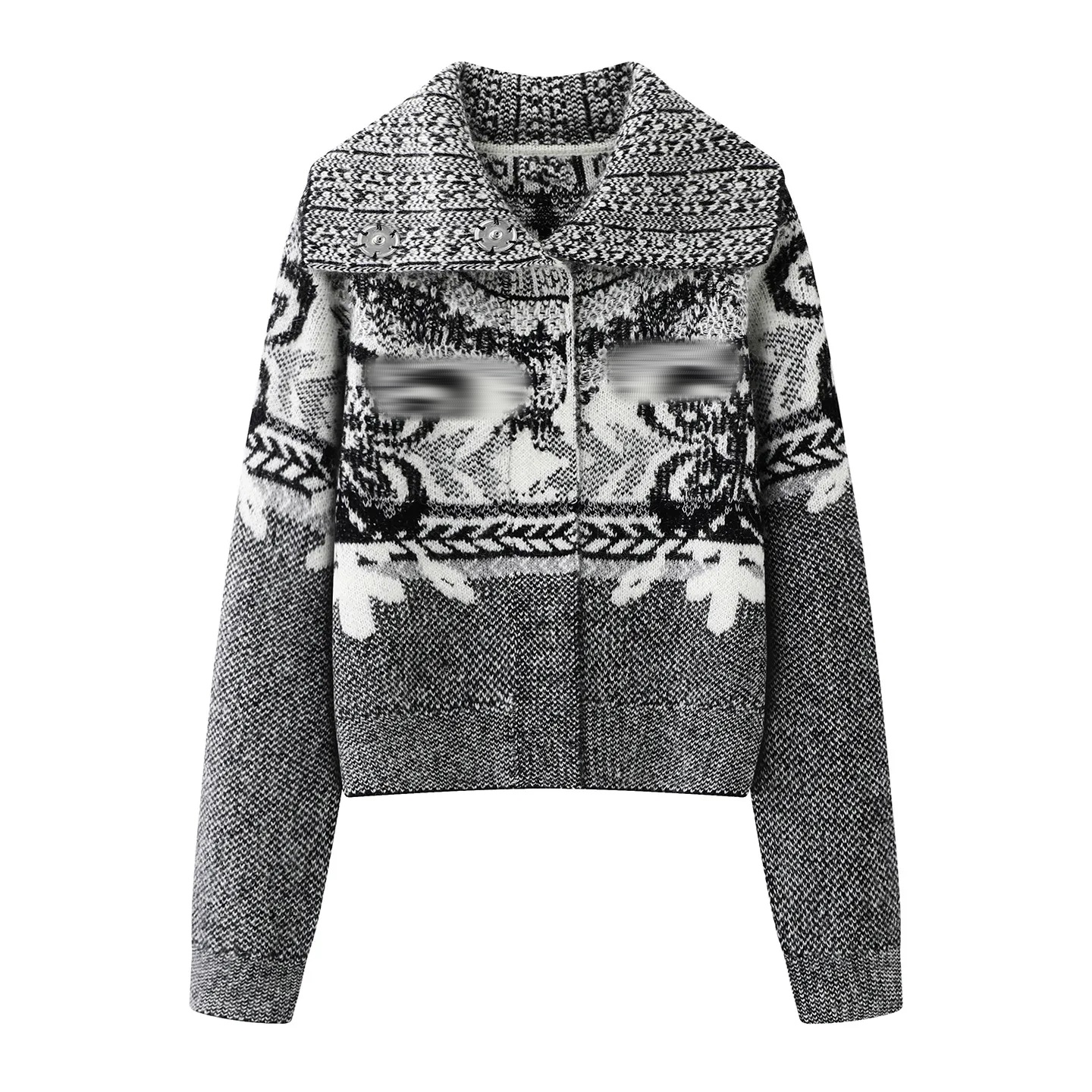 大翻领撞色提花针织开衫毛衣