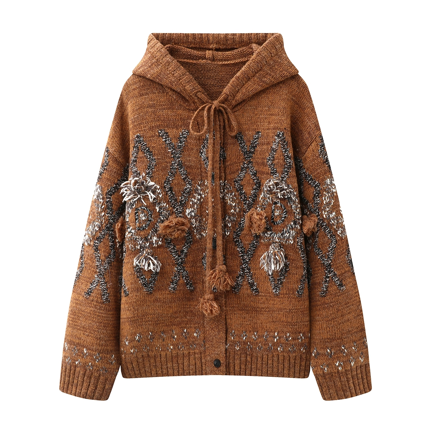 百搭宽松连帽毛球装饰提花针织