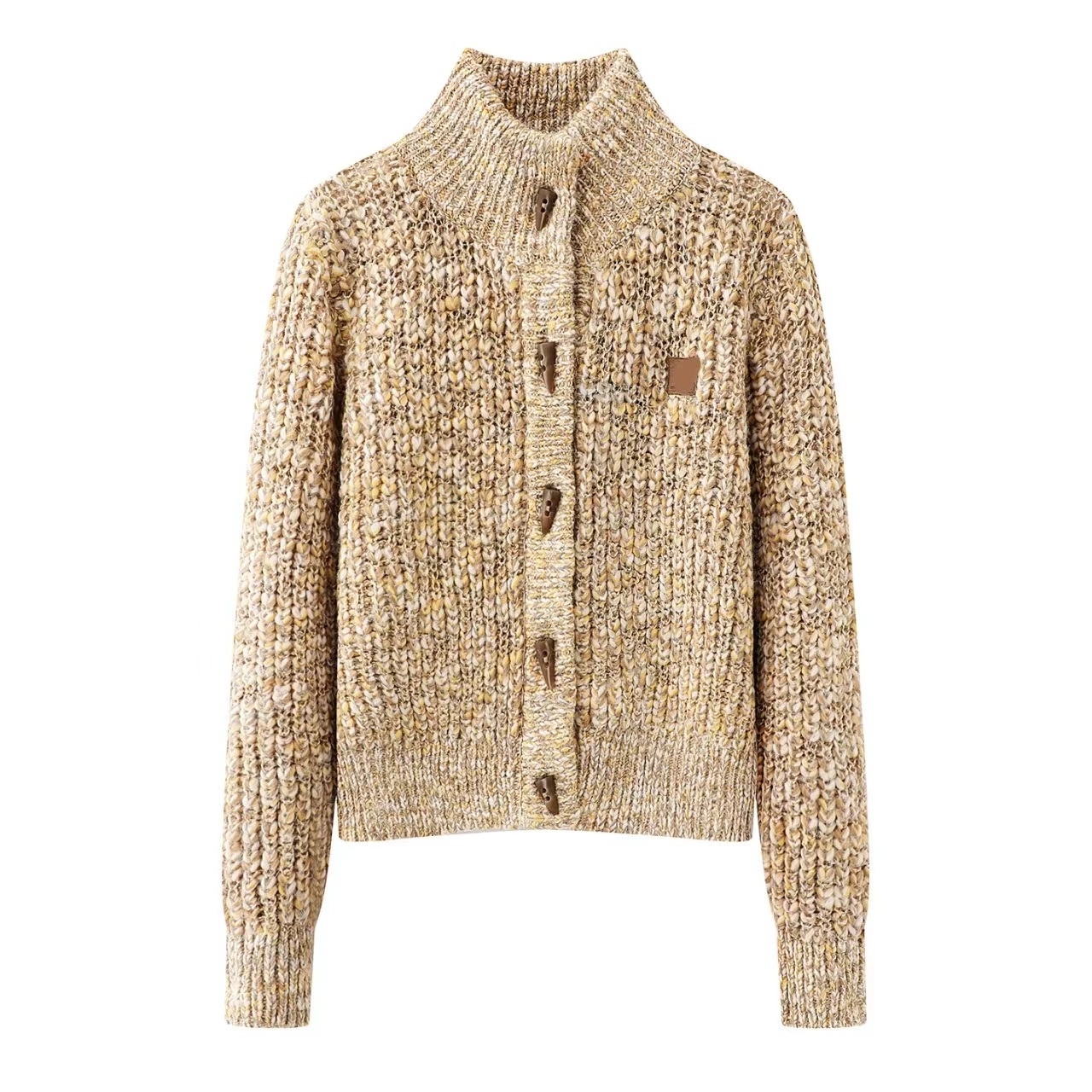 甜美风复古花纱牛角扣高领针织