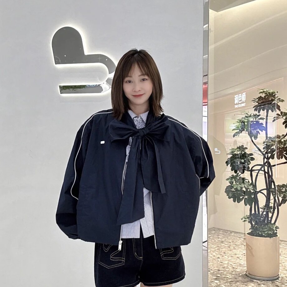 D家【刘浩存同款】轻薄棉服2025秋领口系带蝴蝶结外套女3J3H276