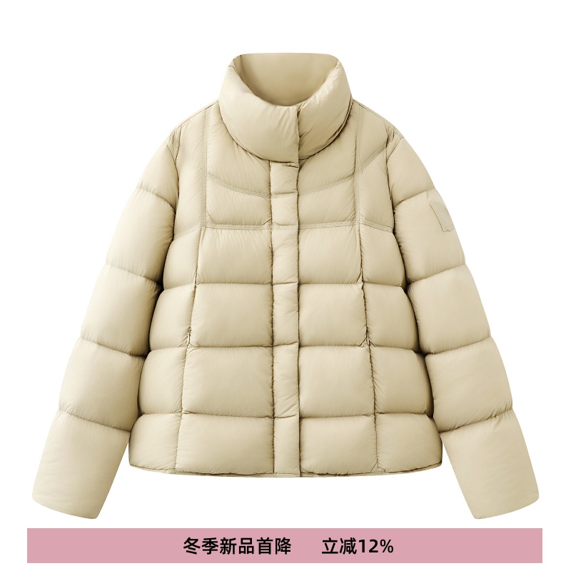 深卡其色短款立领鸭绒泡芙羽绒服