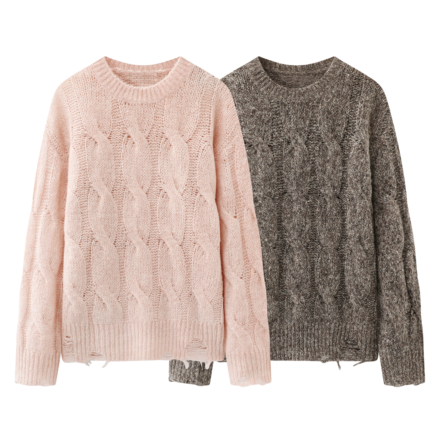 羊驼毛扭绳麻花空针破洞毛衣