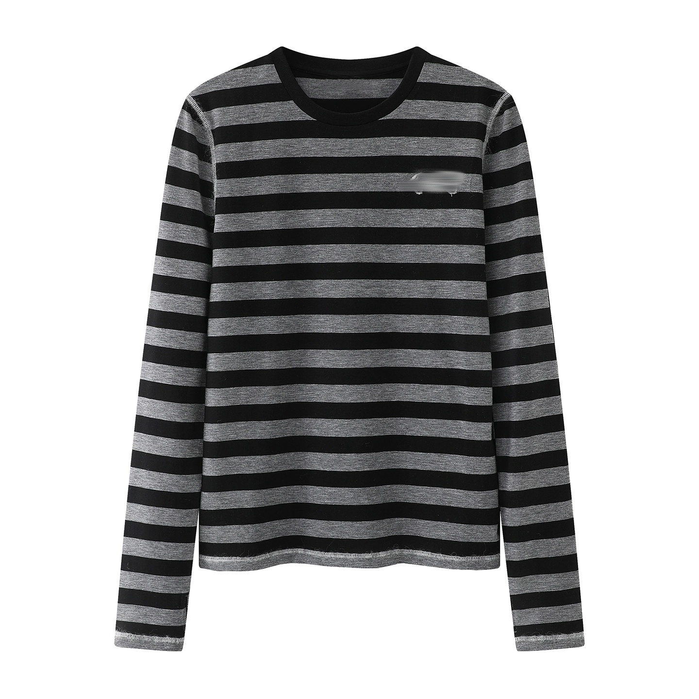 百搭卡通小标圆领条纹长袖针织衫