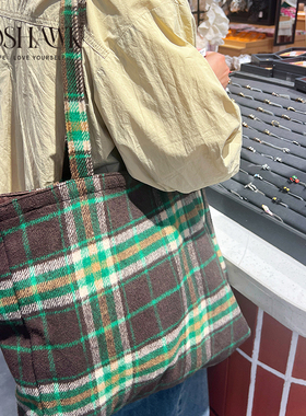 GOSHAWK绿格格格子单肩包原创设计时尚厚款帆布毛呢大容量环保袋