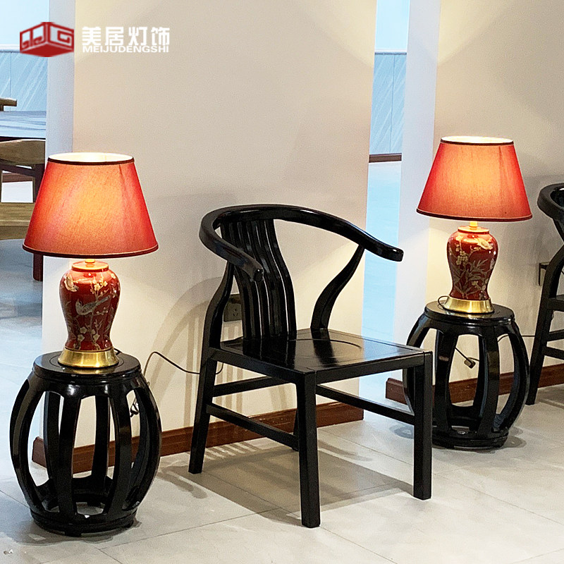 新中式红色台灯卧室床头灯古典全铜陶瓷结婚喜庆客厅展厅遥控调光