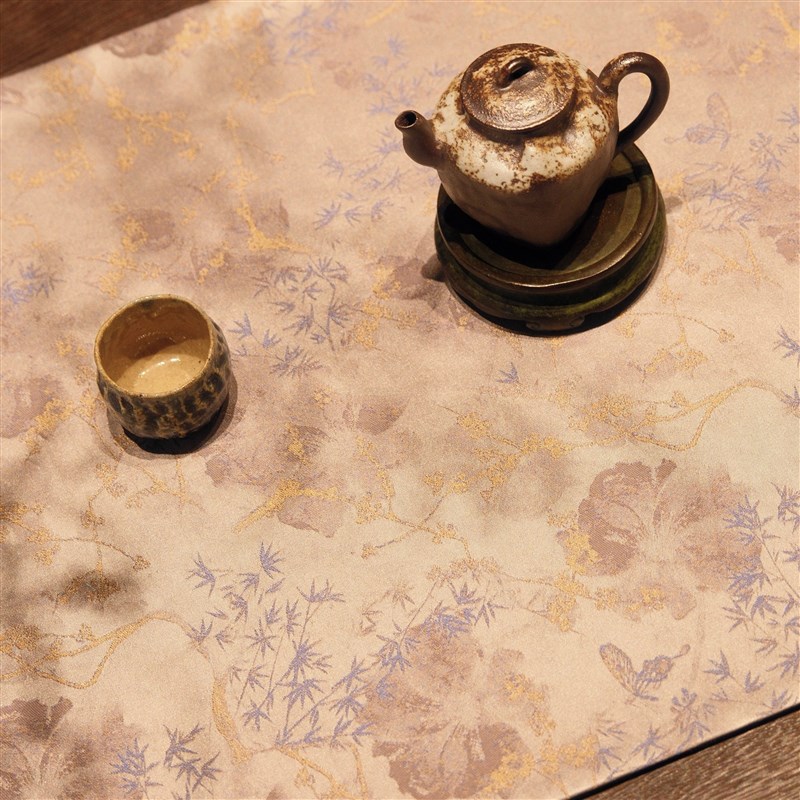 清山手工茶席 竹染(白)织锦缎茶席干泡垫竹叶花卉新中式茶席
