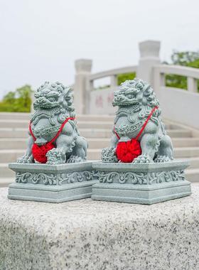 中式招财石狮子一对镇宅家用摆件鱼缸造景桌面家居装饰青石石狮子