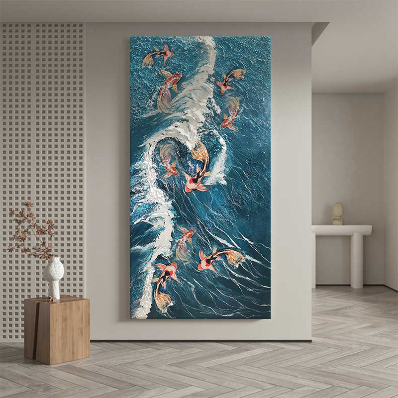九鱼图玄关客厅挂画鲤鱼跃龙门海浪肌理纯手绘油画楼梯转角装饰画