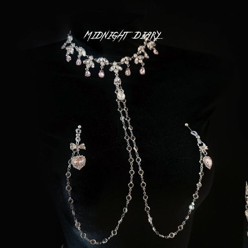Midnight Diary粉钻爱心身体链草莓夹皮筋挂链女项圈胸链精致礼物
