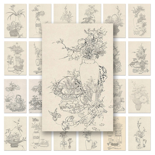 144贴清岁朝清供图线稿贴纸古风简笔画绘画临摹贴画diy桌面手账本