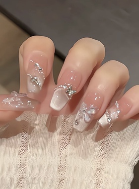 蝶语手工穿戴甲猫眼法式蝴蝶立体仙女风格显白好看梯形穿戴甲美甲