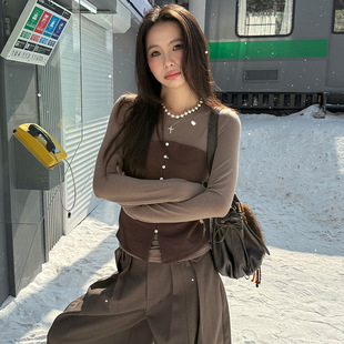 MMFISH时髦街头休闲设计感美拉德假两件复古针织衫 T恤25T661 长袖