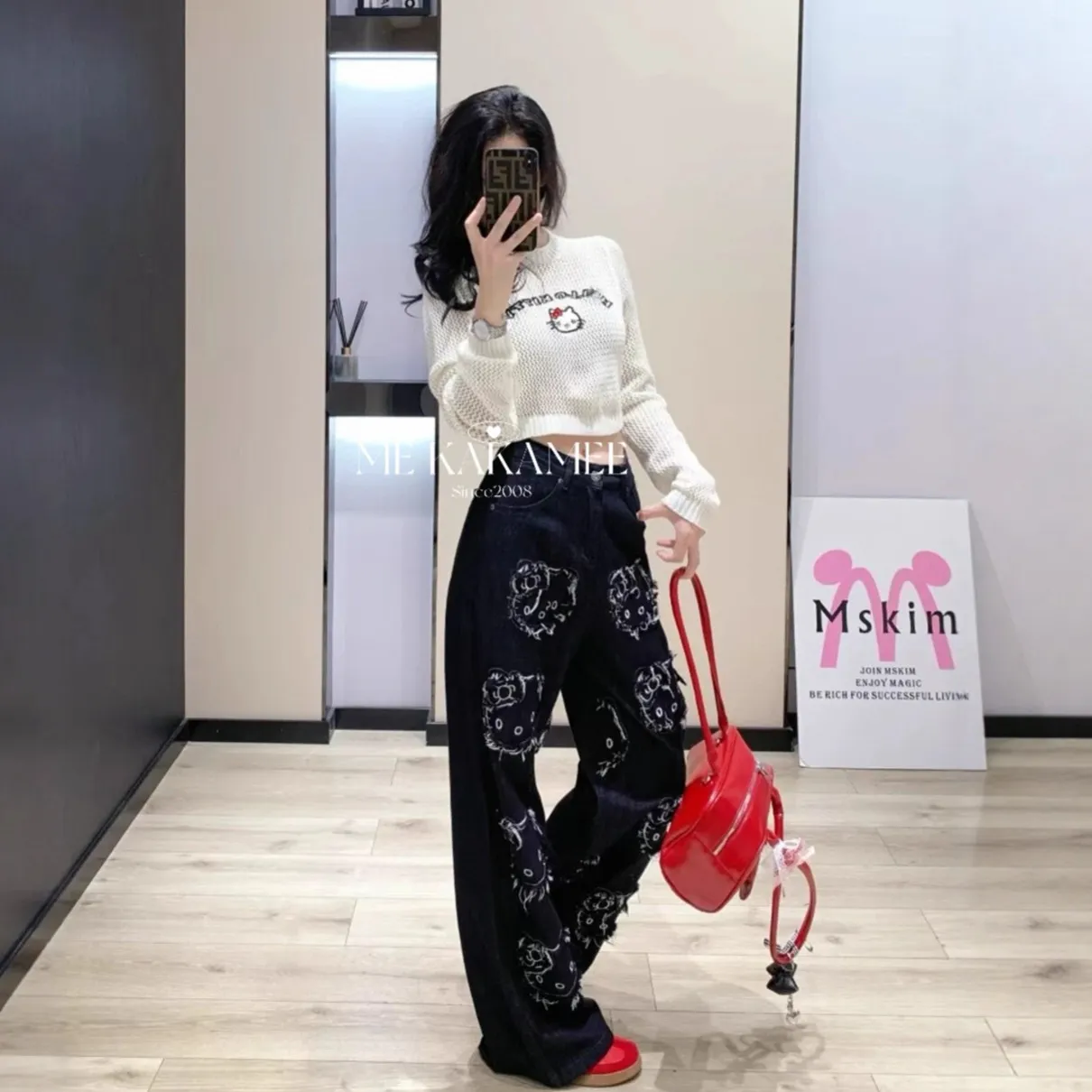 ME KAKAMEE十三行秋辣妹卡通KT镂空针织衫+吊带背心两件套 A2866