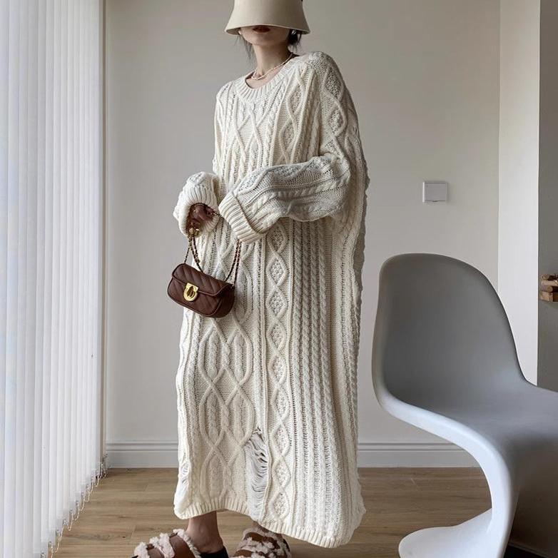 长款宽松脚踝针织粗线毛衣裙