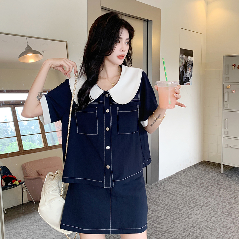 复古撞色娃娃领拼接牛仔衬衫短裙两件套女夏大码时尚气质显瘦套装