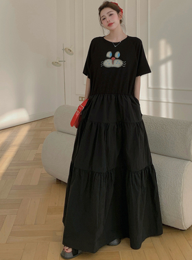 黑色学院风卡减龄通印花连衣裙女夏2025新款长裙巨好看拼接t恤裙