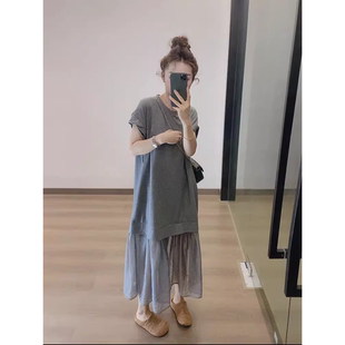 欧货2025夏季新款时尚韩版圆领宽松无袖卫衣拼接网纱假两件连衣裙