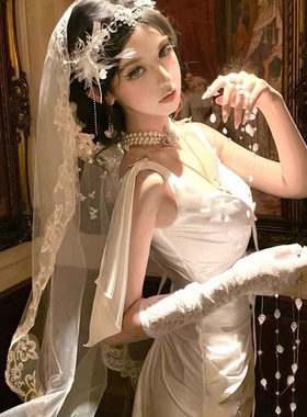 万圣节头饰鬼新娘cos白色蕾丝花边头纱暗黑哥特风lolita婚纱发饰