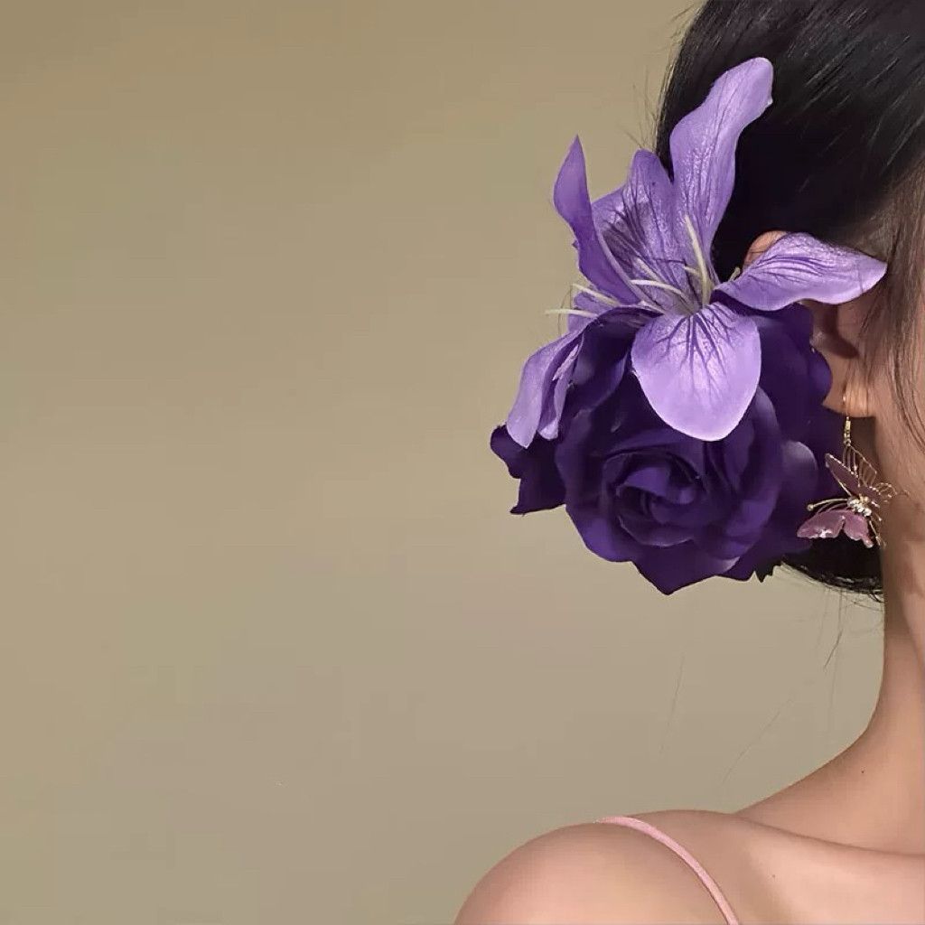 紫色韵味玫瑰花朵发夹子女2026新款氛围感头花发卡仿真花拍照发饰