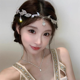 超仙水钻流苏额饰小精灵树叶水滴头箍甜美高级感公主头饰新娘皇冠