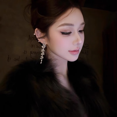 贵气感锆石长流苏耳环轻奢高级感耳夹无耳洞名媛矜贵耳坠夸张耳饰