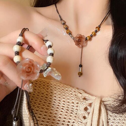 陶瓷玫瑰花编织项链女2025年新款复古新中式配饰可抽拉长款锁骨链
