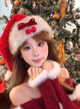 圣诞氛围设计感红色樱桃蝴蝶结圣诞帽女节日装扮头饰成人拍照道具