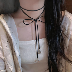 韩系黑色蝴蝶结丝带爱心项链绑带颈链锁骨链甜酷choker脖子配饰品