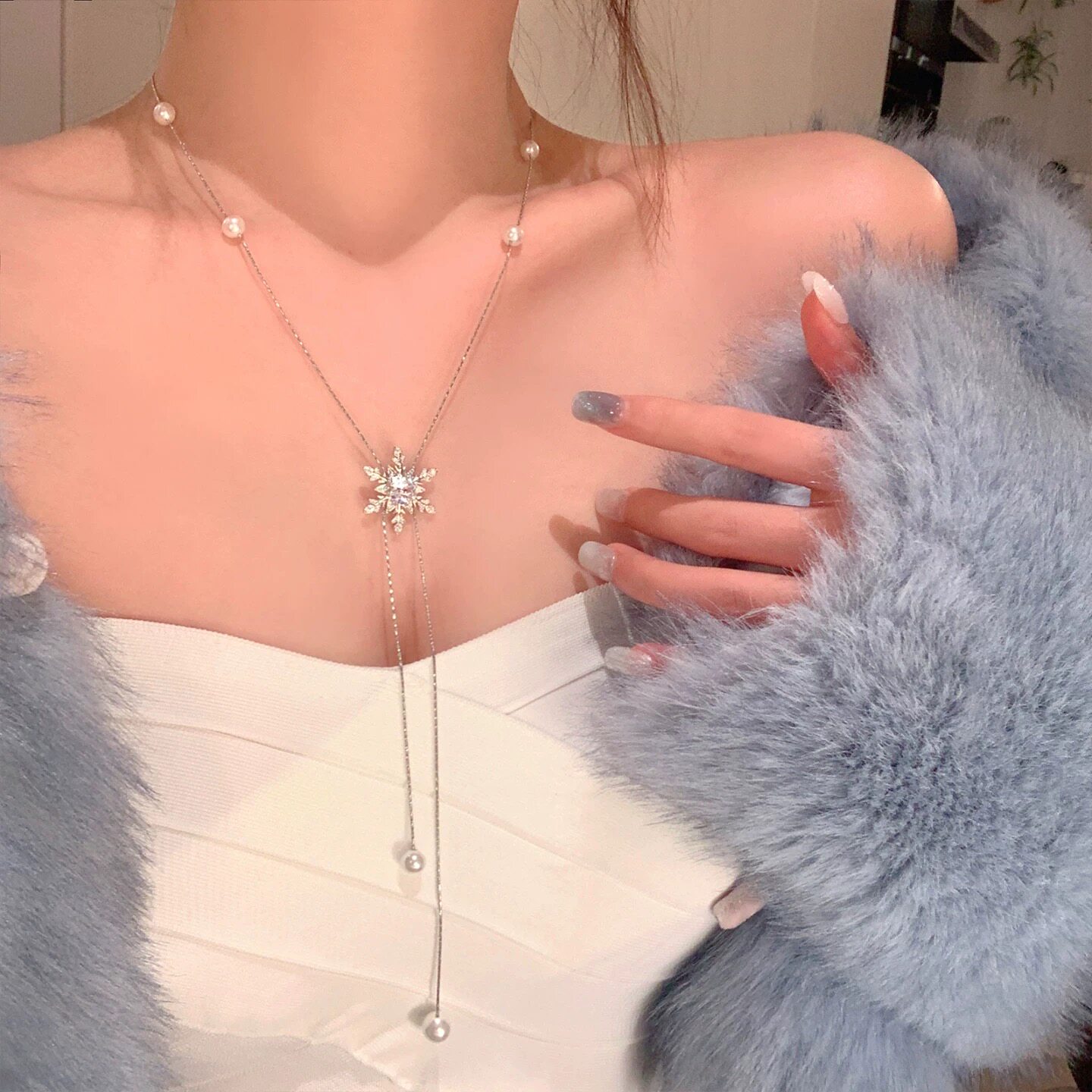 超闪雪花锆石珍珠项链女秋冬氛围感高级感轻奢抽拉长款毛衣链配饰