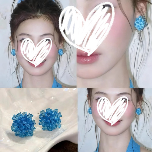 显白！清凉感蓝色串珠耳钉女气质小众耳环艺术生耳夹夏季度假耳饰