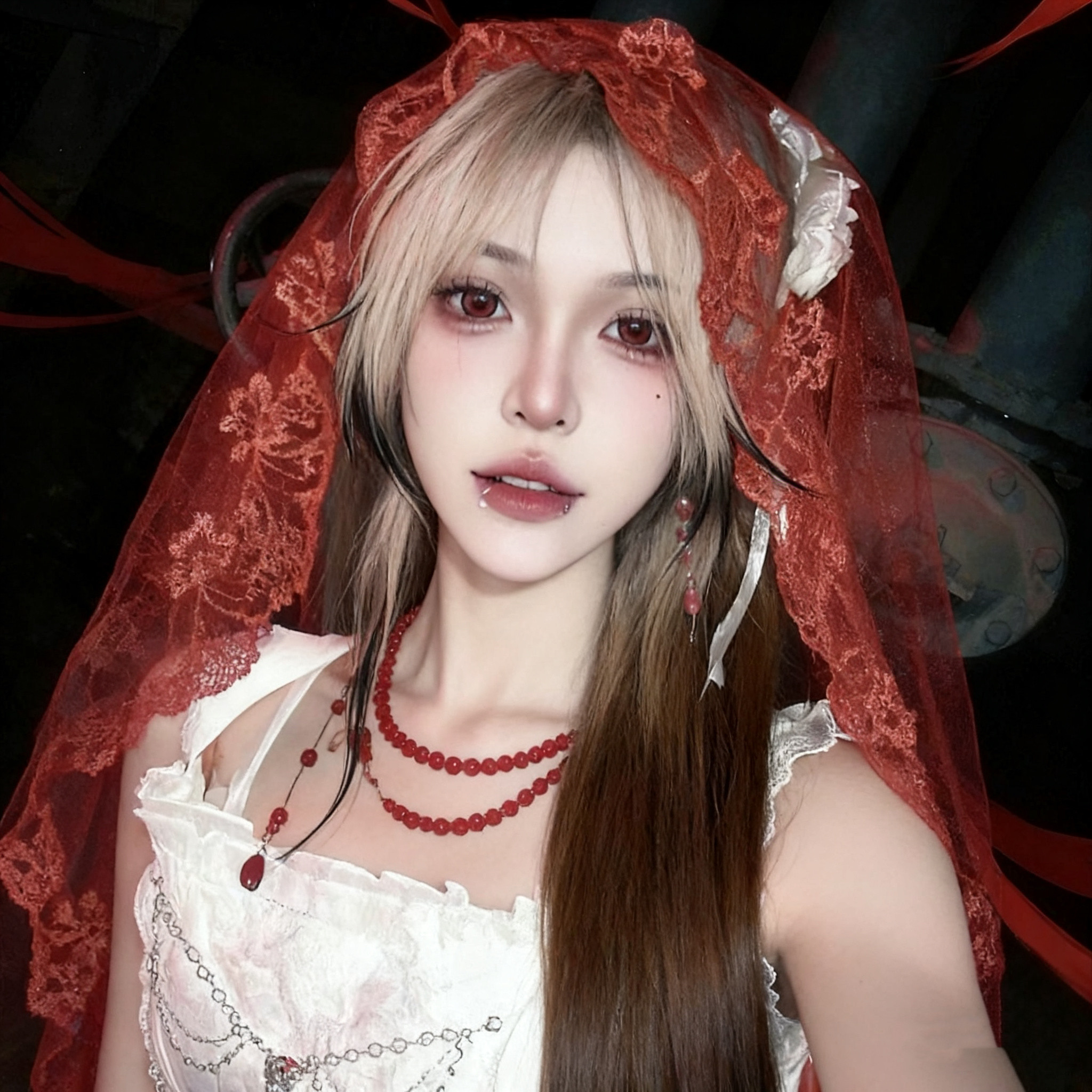 万圣节cos哥特红色头纱复仇新娘结婚礼服秀禾蕾丝遮面盖头亚文化