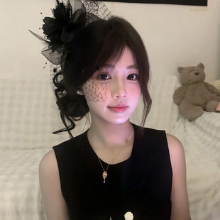 法式复古黑色网纱小礼帽头饰发夹生日拍照发饰女民国千金头纱帽子