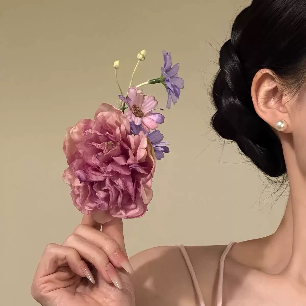 春笺花信~甜美粉色玫瑰花朵发夹氛围感春夏度假风侧边碎发夹头花
