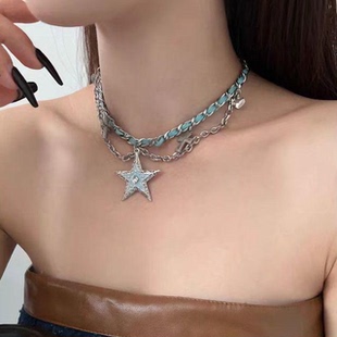 亚比风文化辣妹蓝色星星爱心十字架choker皮革项链锁骨链y2k配饰
