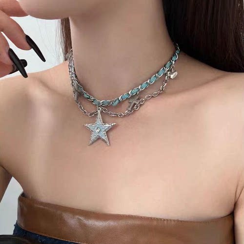 亚比风文化辣妹蓝色星星爱心十字架choker皮革项链锁骨链y2k配饰