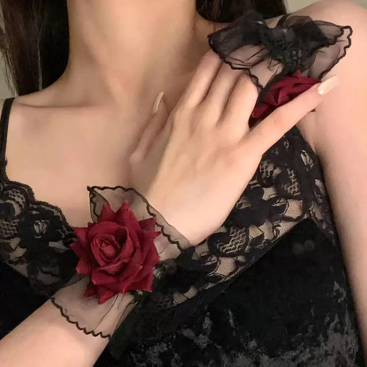 暗黑系舞蹈洛丽塔黑色蕾丝手腕套手链女酒红色玫瑰花礼服少女跳舞