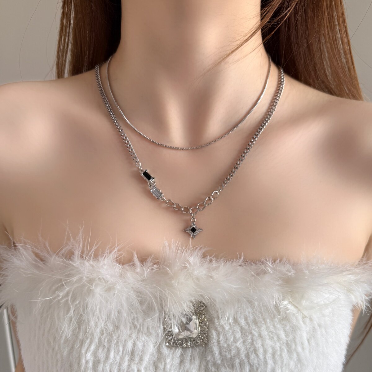 芒星双层项链男款潮毛衣链轻奢小众设计感嘻哈风情侣男生女锁骨链