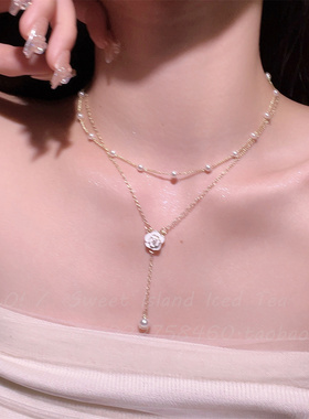 双层山茶花流苏珍珠项链女2025年新款爆款小众轻奢设计感锁骨链