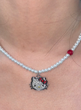 甜美可爱满钻猫咪蝴蝶结吊坠珍珠项链女小众时尚精致百搭锁骨链潮