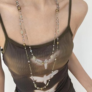 复古辣妹做旧串珠长款项链双层叠戴波西米亚民族风彩色花小众颈饰