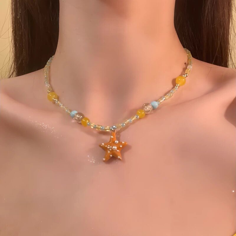 夏日多巴胺黄色海星串珠项链甜美少女海边度假风锁骨链设计感配饰