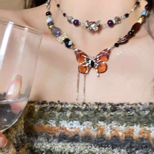 美拉德双层蝴蝶项链女重工水晶琉璃锁骨链高级感choker脖颈链配饰