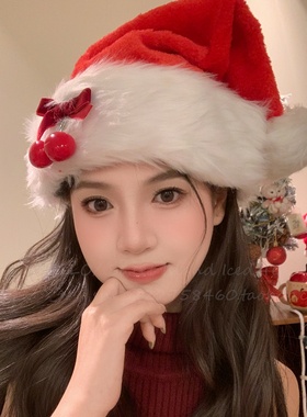 红色樱桃蝴蝶结圣诞帽秋冬毛绒圣诞老人帽子圣诞节氛围感拍照道具