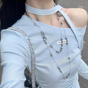 高级感多层灰色珍珠项链女长款多戴法毛衣链轻奢小众锁骨颈链配饰