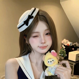 赫本高端圓頂帽子頭飾 蝴蝶結小禮帽女日系海軍風lolita水手帽法式