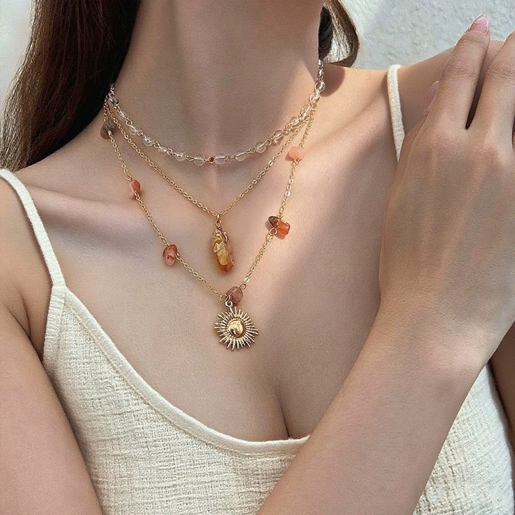 美拉德碎石太阳花套装项链女轻奢高级感叠戴锁骨链小众度假风配饰