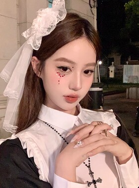 万圣Lolita头饰白色头纱女洛丽塔头纱玫瑰花发夹蕾丝边夹cos发饰