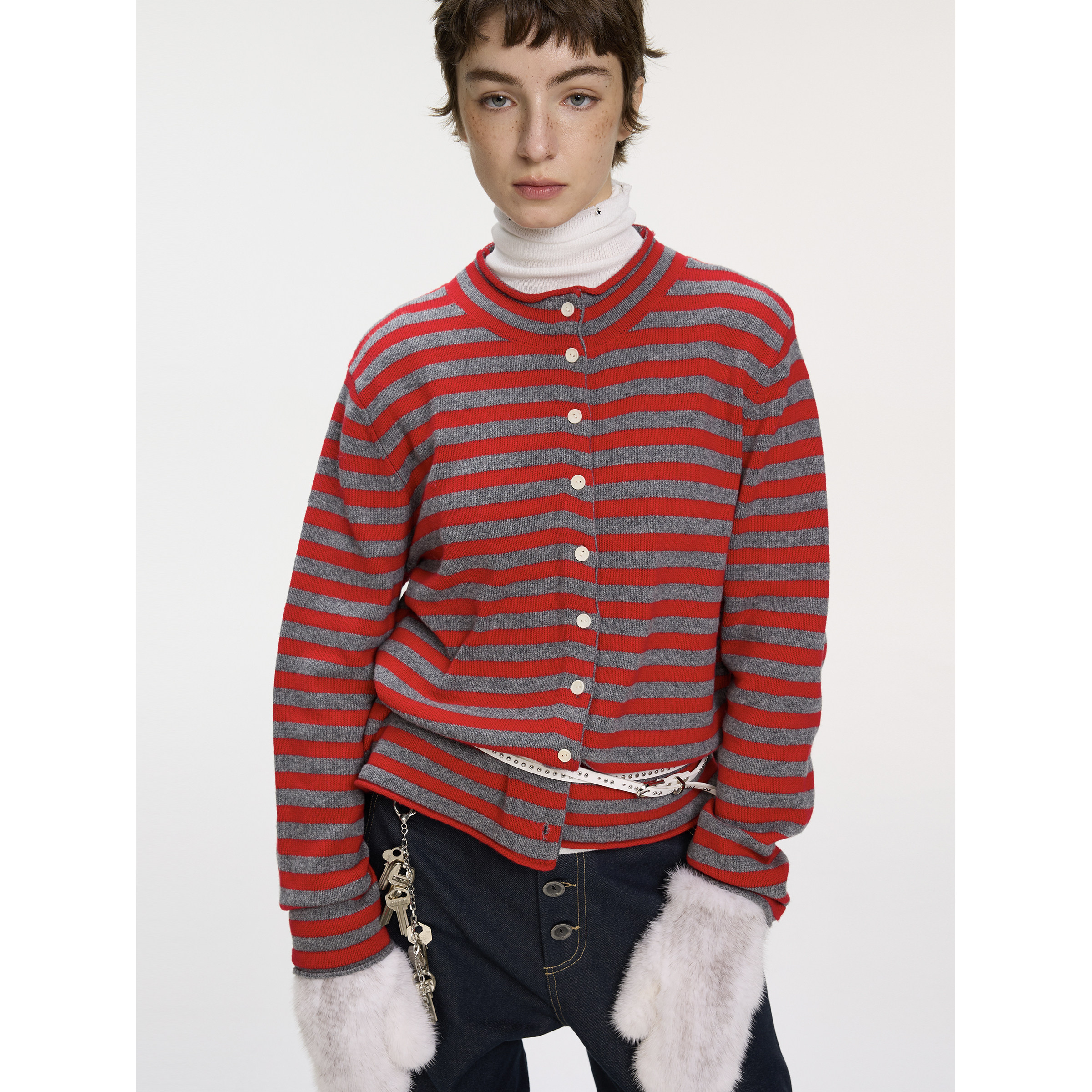 Bel Canto原创100%羊毛红色条纹 新年圣诞软糯针织开衫毛衣外套女