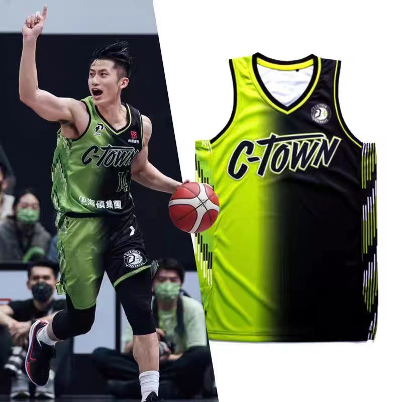定制P+台新梦想家林俊吉黑绿渐变团队比赛训练队服套装篮球服球衣